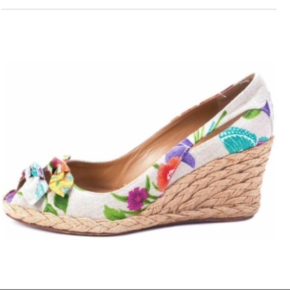 Stuart Weitzman Peep Toe Canvas Espadrille Wedge 8 - image 1